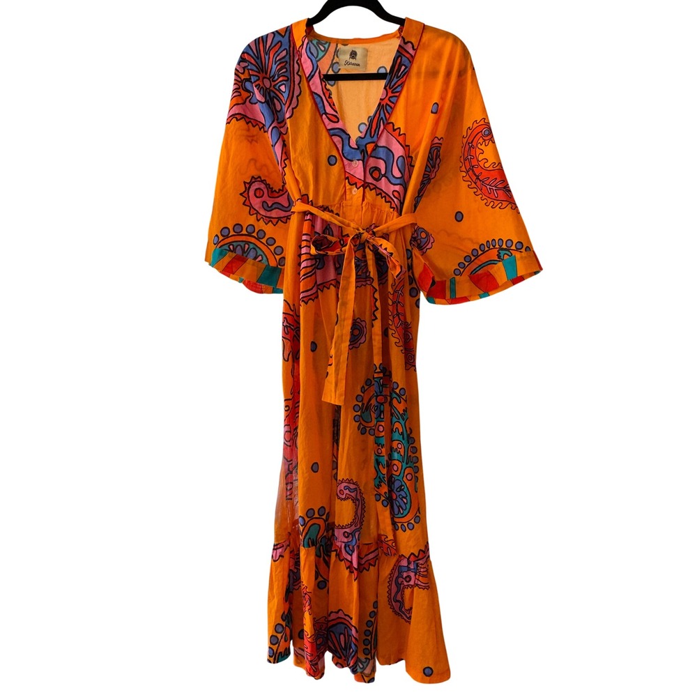 Karavan Orange Paisley Psychedelic‎ Maxi Dress Kimono Sleeve Boho Button Front